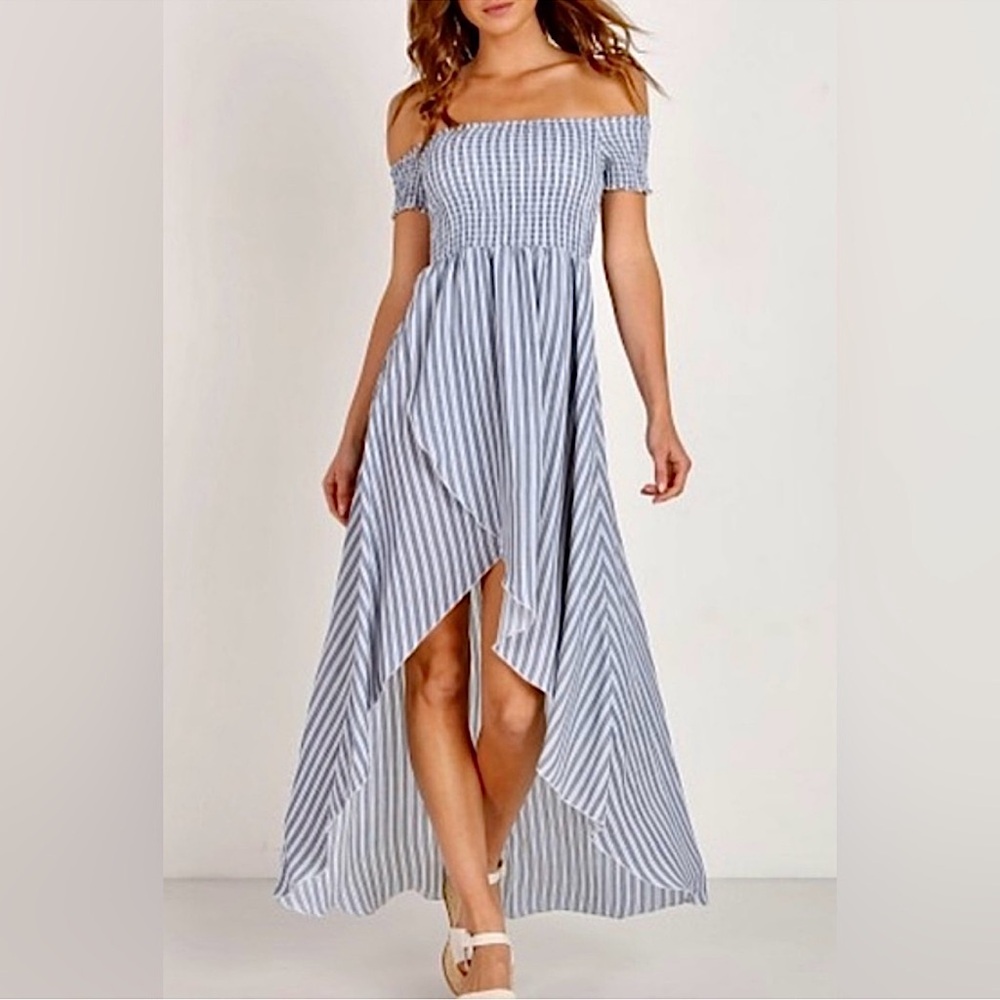 Show Me Your MuMu Willa Blue and White Striped Smocked High Low Dress